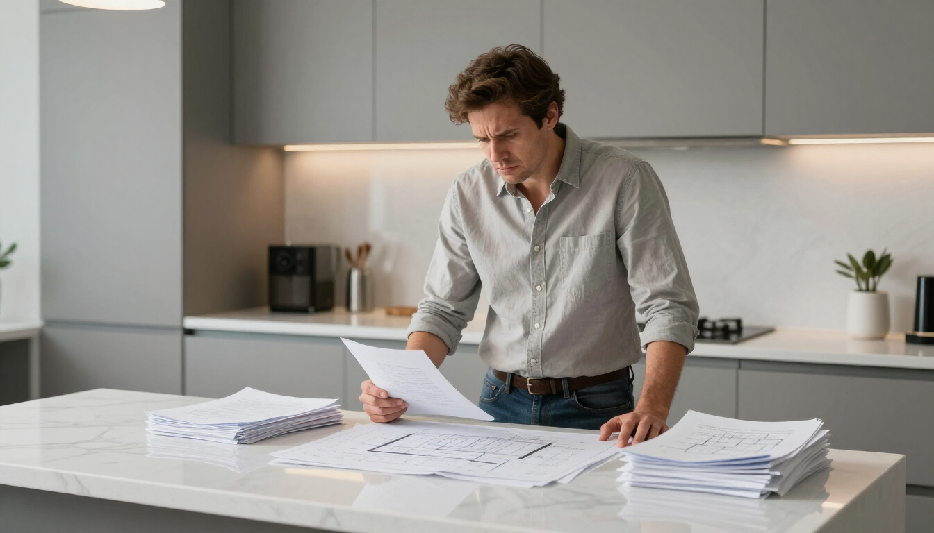 Homeowner reviewing a remodeling contract at a kitchen table