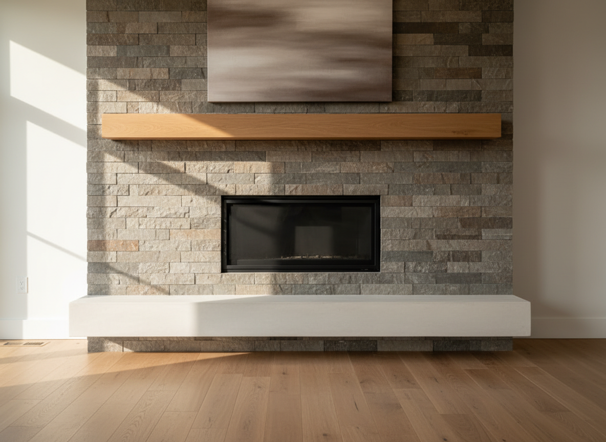Stacked stone fireplace with a solid oak mantel and a full-width plaster hearth bench