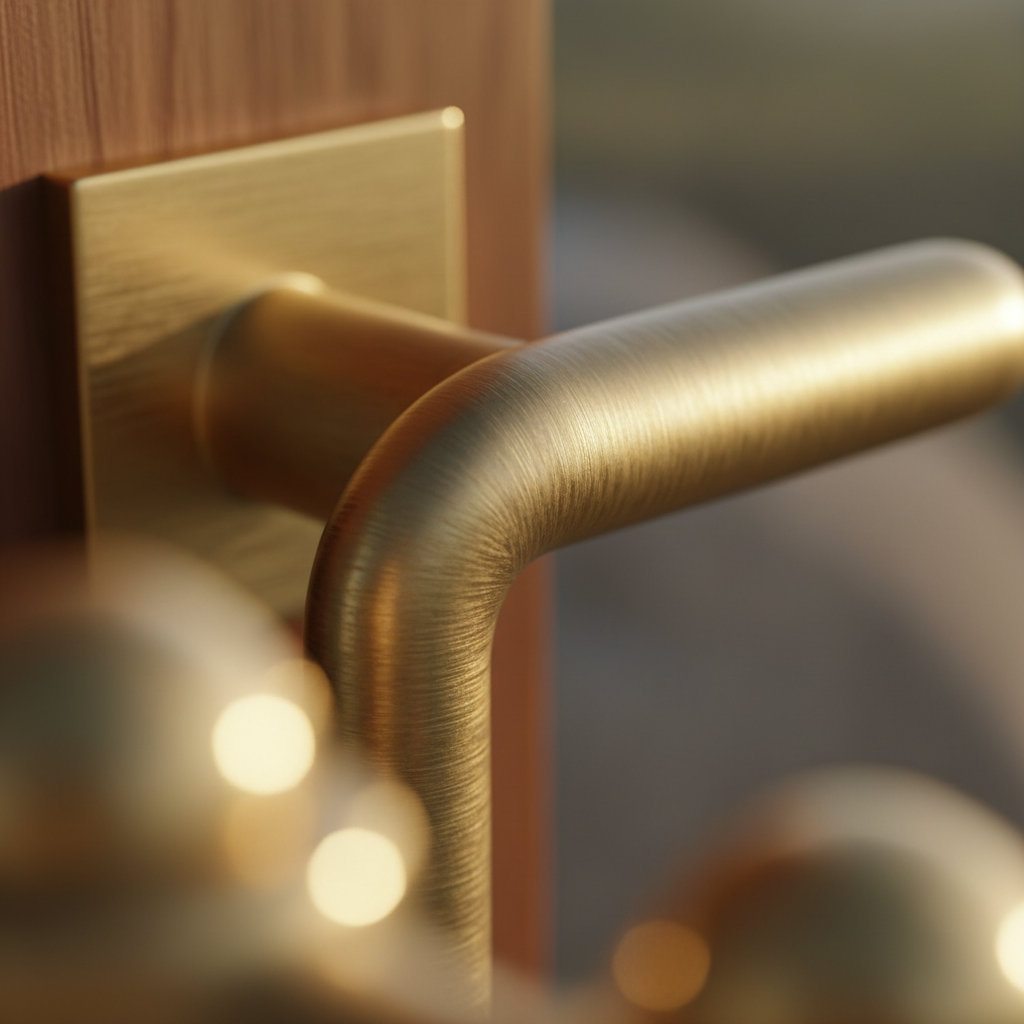 Close-up of a brushed brass lever handle on a walnut door