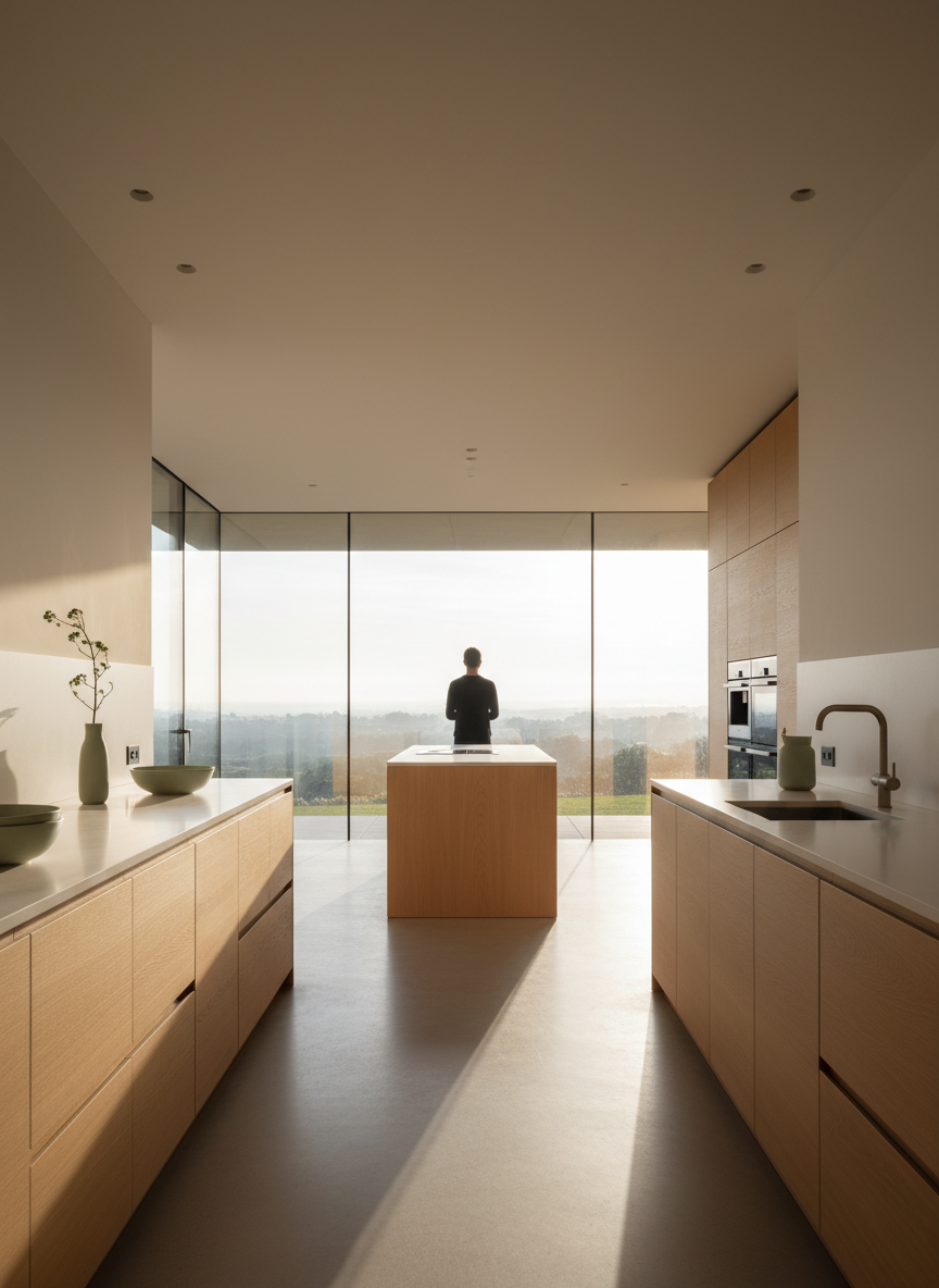 Minimalist custom kitchen in pale oak with a central island and full-height glazing