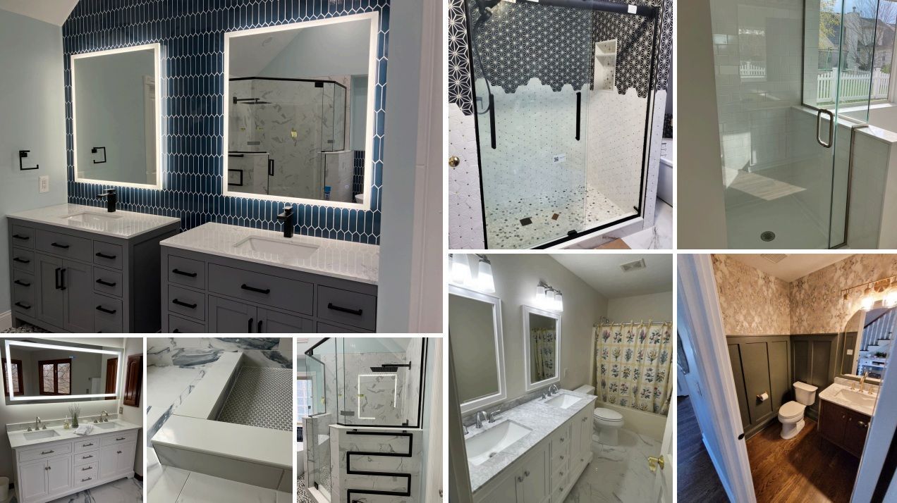 Completed Hamilton County bathroom projects including tiled showers, double vanities and backlit mirrors